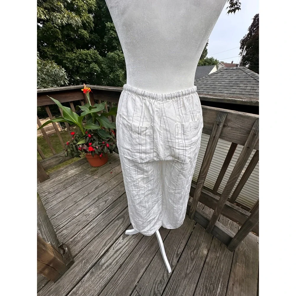 H&M Women White Striped Linen Blend Wide Leg Drawstring Pants Size S